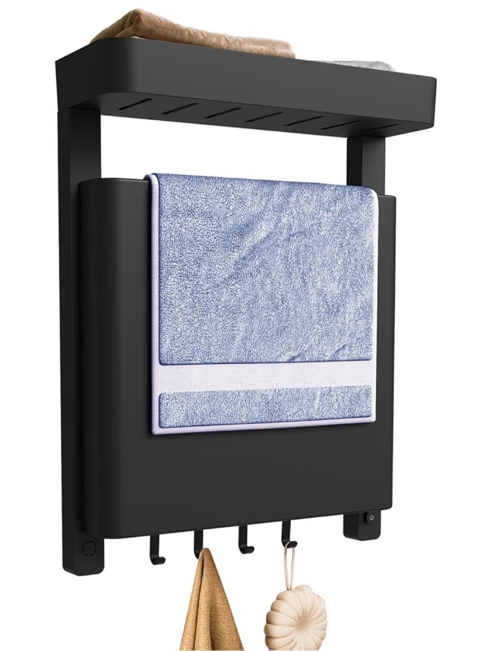 Wall Mounted Heated Towel Rack Warmer with Shelf & Hooks - Black